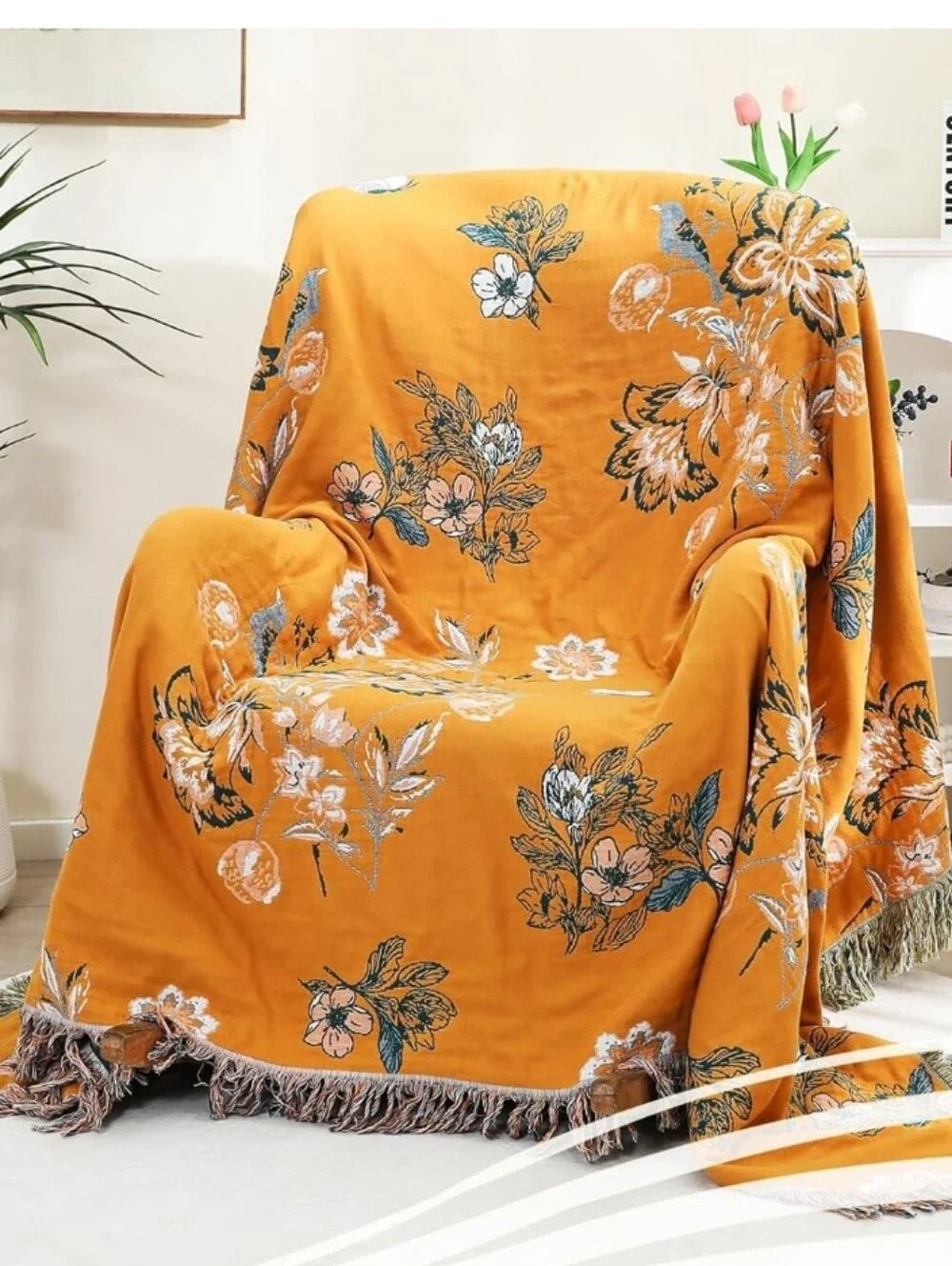 Orange Floral Throw Blanket - Soft Decorative Couch Cover 50x60